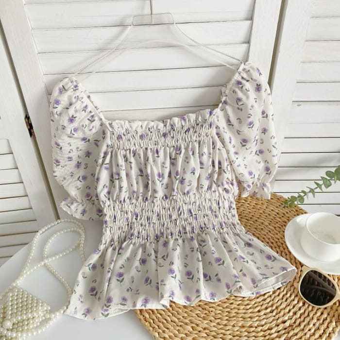 Short-Sleeve Floral Peplum Blouse - Purple - White