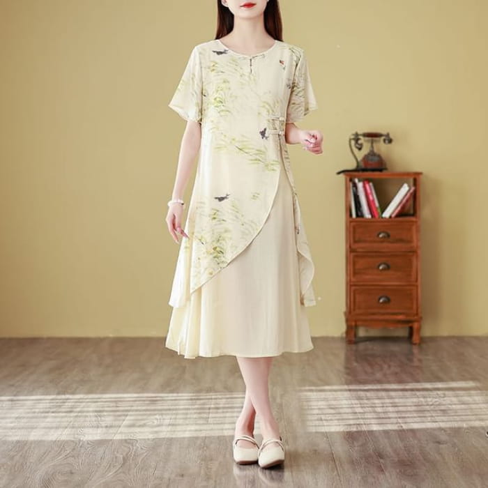 Short-Sleeve Floral Print Frog Buttoned Slit Midi A-Line