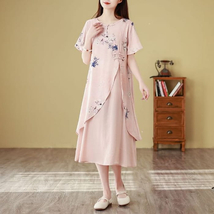 Short-Sleeve Floral Print Frog Buttoned Slit Midi A-Line