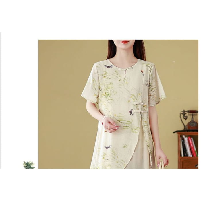 Short-Sleeve Floral Print Frog Buttoned Slit Midi A-Line