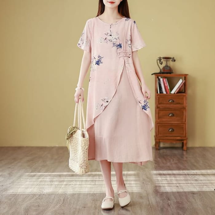 Short-Sleeve Floral Print Frog Buttoned Slit Midi A-Line