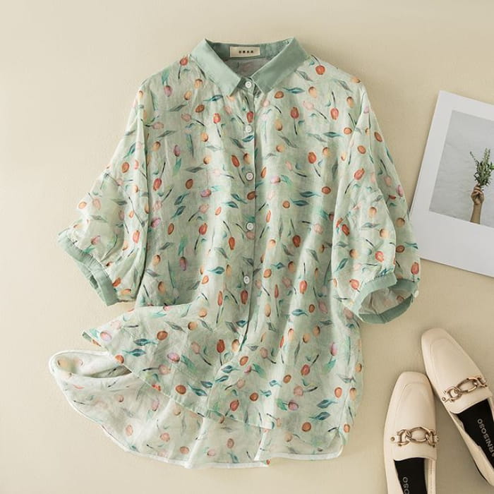 Short-Sleeve Floral Print Shirt - Green / M