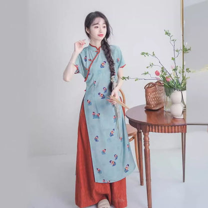 Short-Sleeve Floral Slit Midi Qipao / Mid Waist Wide Leg