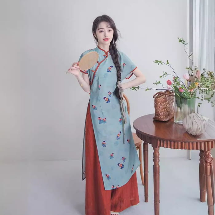 Short-Sleeve Floral Slit Midi Qipao / Mid Waist Wide Leg