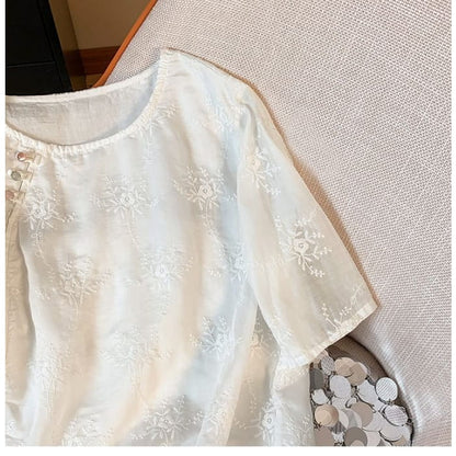 Short-Sleeve Flower Embroidered Blouse - Clothing