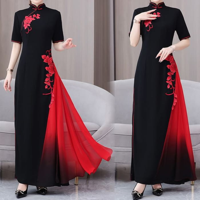 Short-Sleeve Flower Two Tone Maxi A-Line Qipao - Black / M