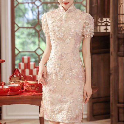 Short-Sleeve Fringed Floral Mini Sheath Qipao Dress - Short