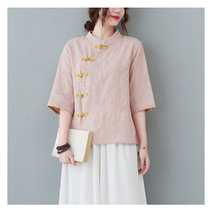 Short-Sleeve Frog Buttoned Plain Cheongsam Top