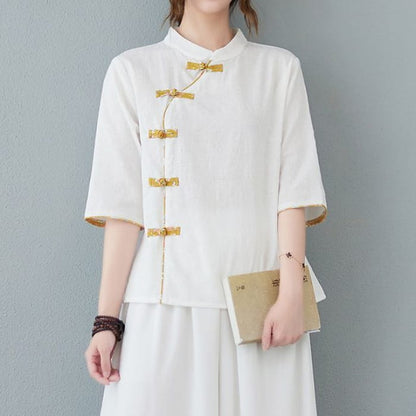 Short-Sleeve Frog Buttoned Plain Cheongsam Top - White / M