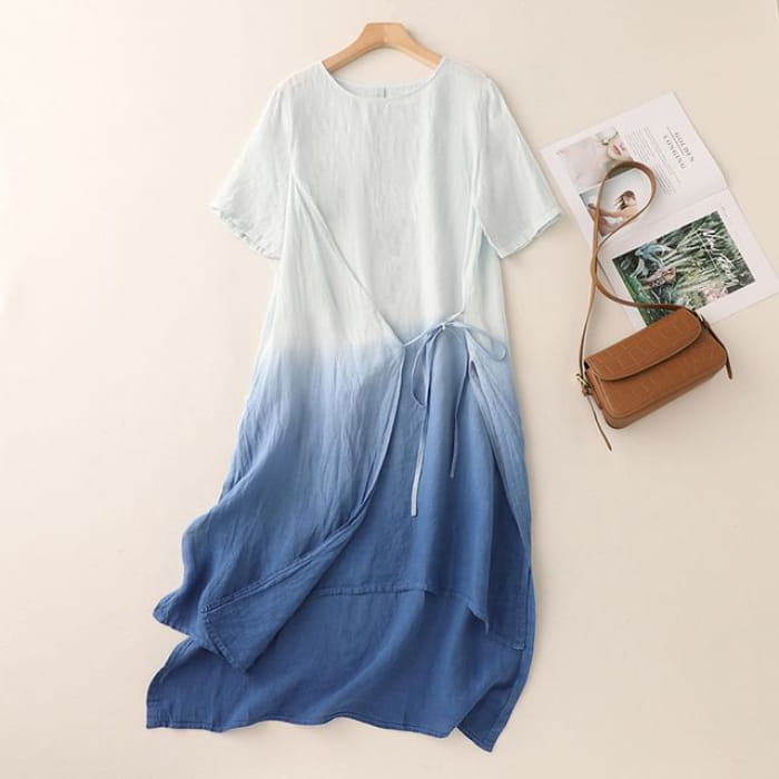 Short-Sleeve Gradient Asymmetrical Midi Sundress - Blue &