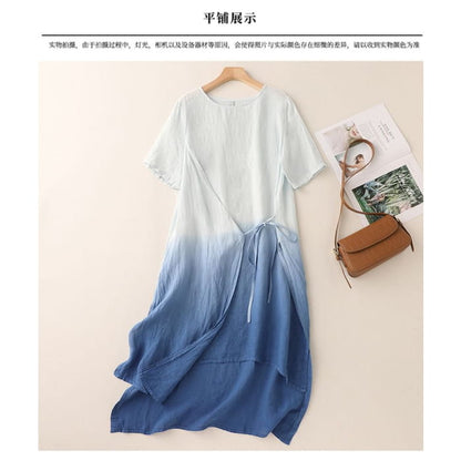 Short-Sleeve Gradient Asymmetrical Midi Sundress - Clothing