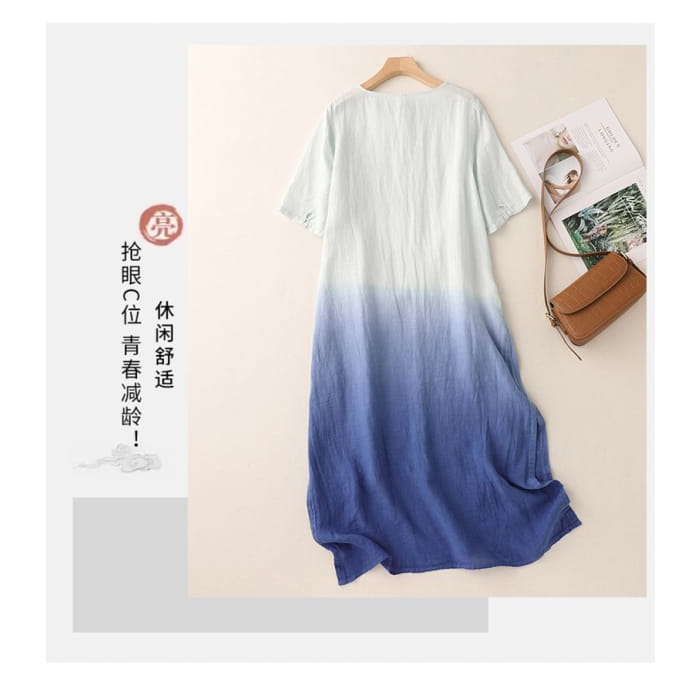 Short-Sleeve Gradient Asymmetrical Midi Sundress - Clothing