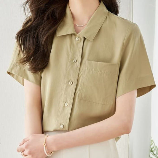 Short Sleeve Lapel Neck Solid Loose Fit Shirt