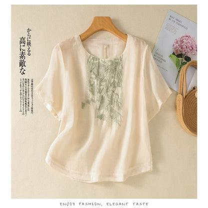 Short-Sleeve Leaf Embroidered Blouse - Clothing