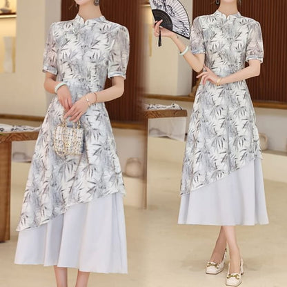 Short-Sleeve Leaf Print Panel Midi A-Line Qipao - Gray / S