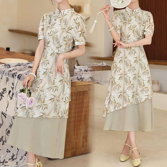 Short-Sleeve Leaf Print Panel Midi A-Line Qipao - Green / S