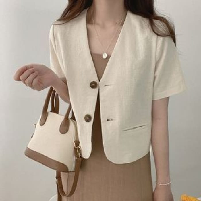 Short-Sleeve Linen Blazer - Almond / M