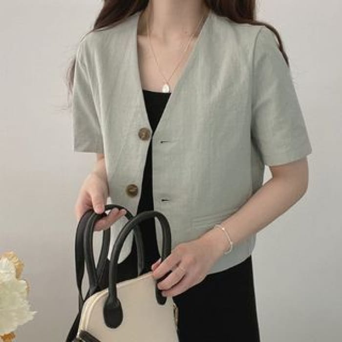 Short-Sleeve Linen Blazer - Pea Green / M