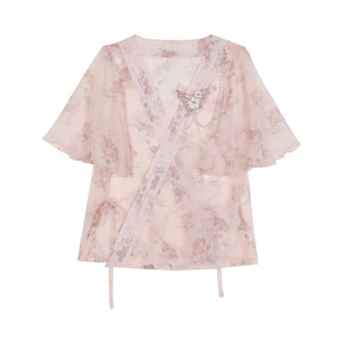 Short-Sleeve Lolita Floral Wrap Top / Camisole / High Waist