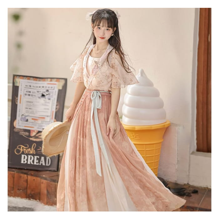 Short-Sleeve Lolita Floral Wrap Top / Camisole / High Waist