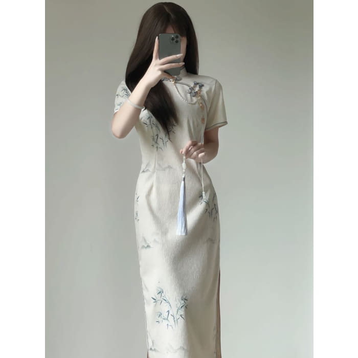 Short Sleeve Mandarin Collar Bamboo Print Midi Qipao