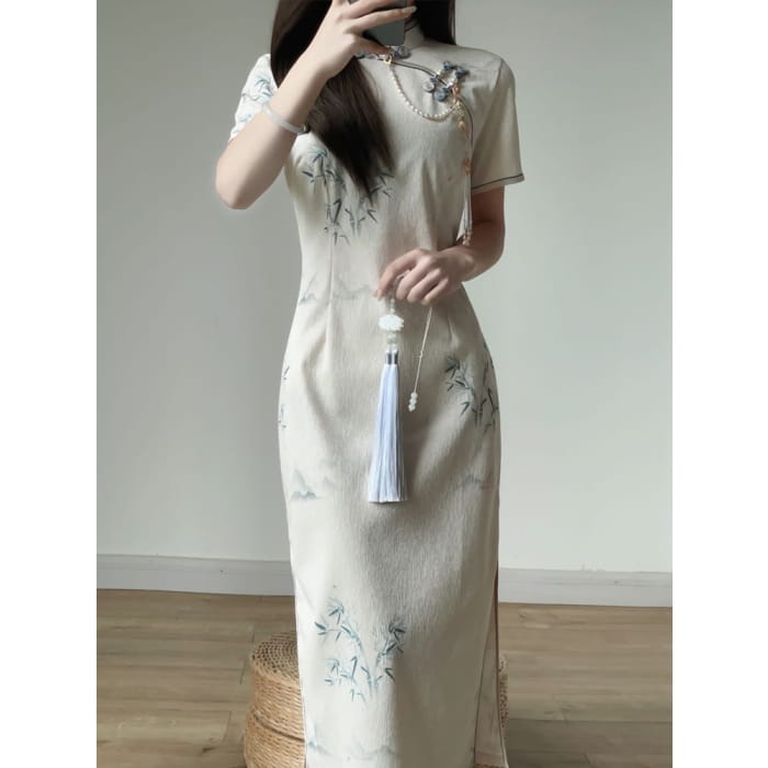 Short Sleeve Mandarin Collar Bamboo Print Midi Qipao