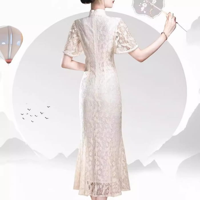 Short Sleeve Mandarin Collar Lace Midi Sheath Dress