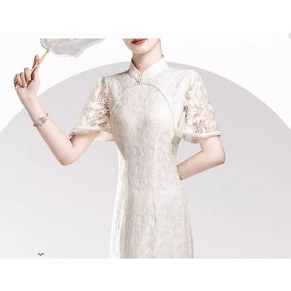 Short Sleeve Mandarin Collar Lace Midi Sheath Dress