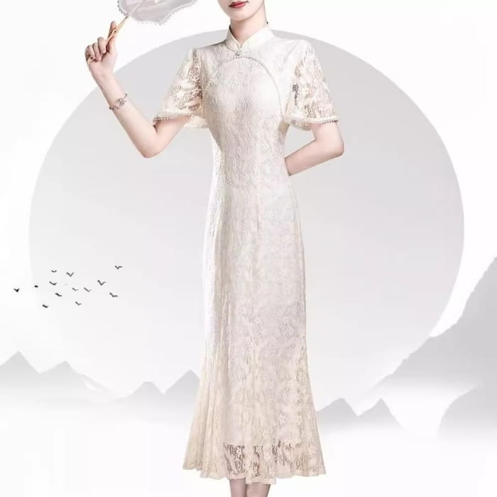 Short Sleeve Mandarin Collar Lace Midi Sheath Dress