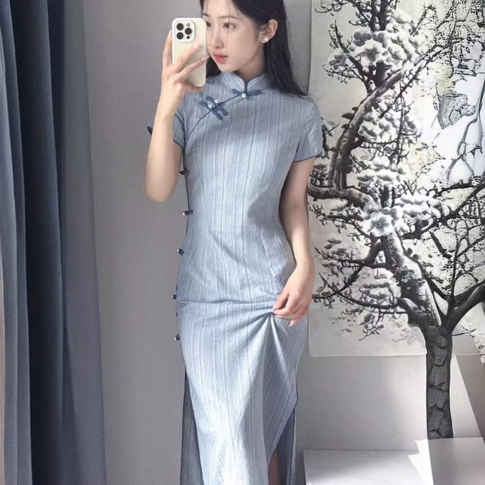 Short Sleeve Mandarin Collar Striped Maxi Bodycon Dress