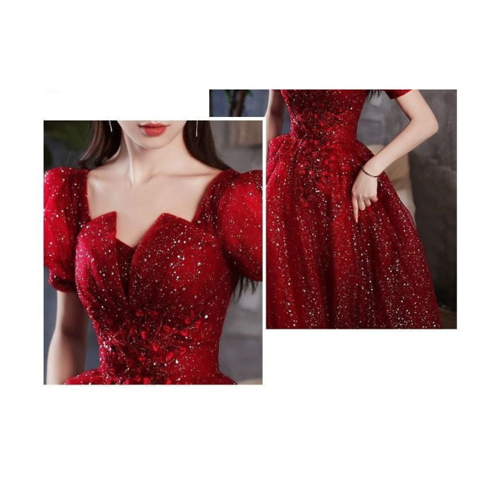 Short-Sleeve Notched Sequined A-Line Evening Gown