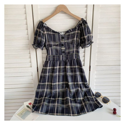 Short-Sleeve Off-Shoulder Plaid Mini A-Line Dress