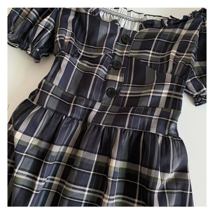 Short-Sleeve Off-Shoulder Plaid Mini A-Line Dress