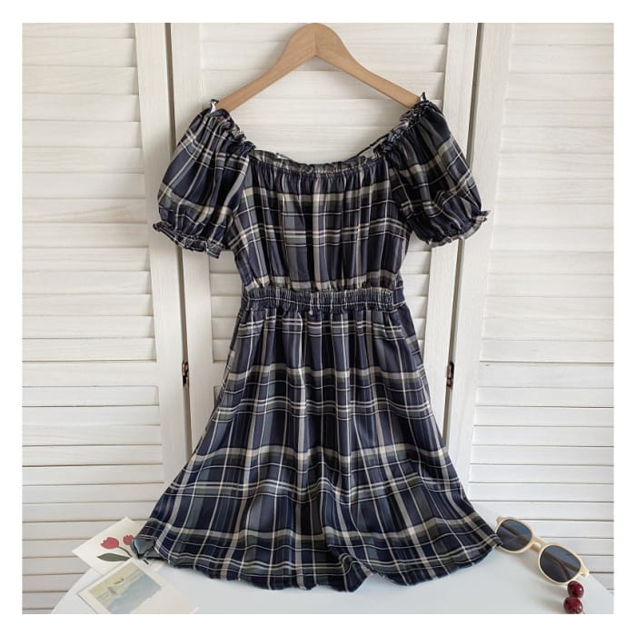 Short-Sleeve Off-Shoulder Plaid Mini A-Line Dress