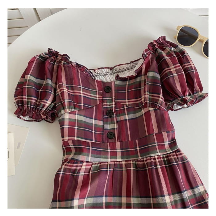 Short-Sleeve Off-Shoulder Plaid Mini A-Line Dress