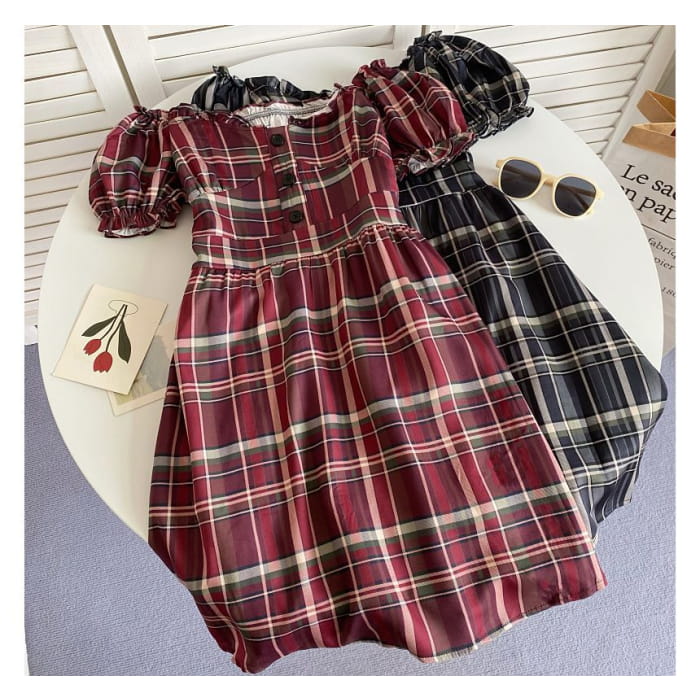 Short-Sleeve Off-Shoulder Plaid Mini A-Line Dress