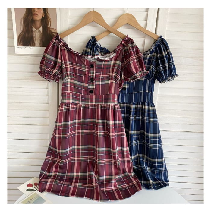 Short-Sleeve Off-Shoulder Plaid Mini A-Line Dress