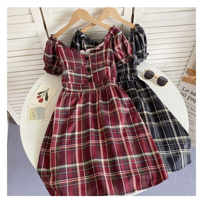 Short-Sleeve Off-Shoulder Plaid Mini A-Line Dress