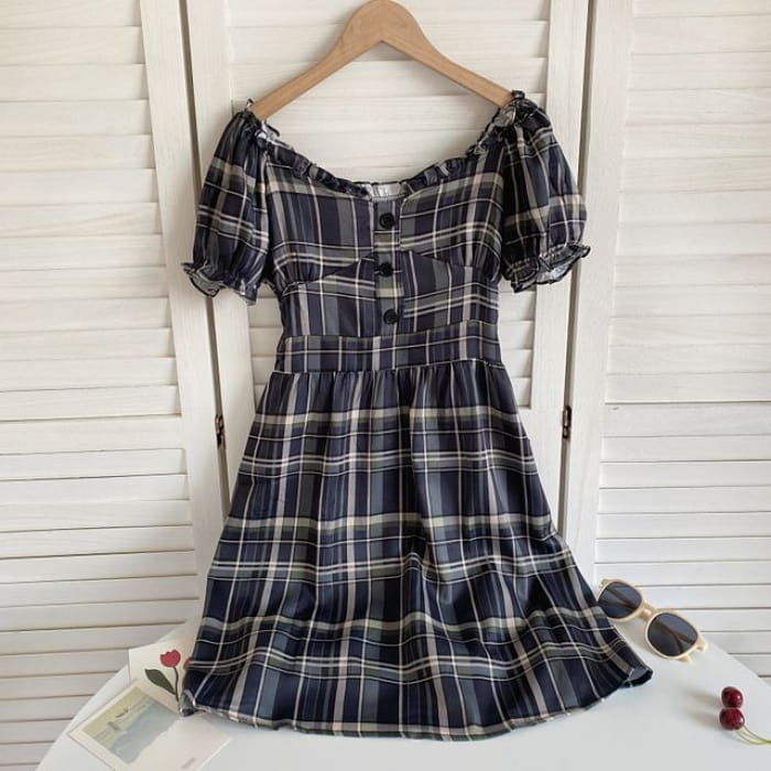 Short-Sleeve Off-Shoulder Plaid Mini A-Line Dress - Black