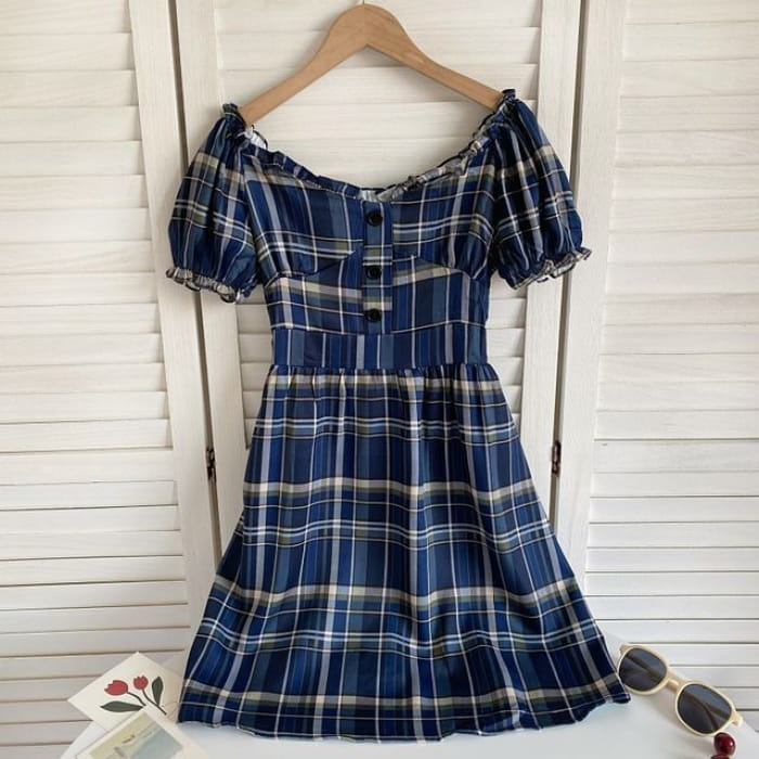 Short-Sleeve Off-Shoulder Plaid Mini A-Line Dress - Dark