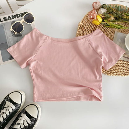 Short-Sleeve Off Shoulder Plain T-Shirt