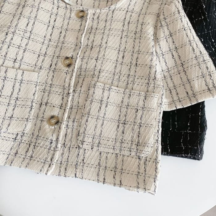 Short-Sleeve Plaid Pocket Detail Blouse