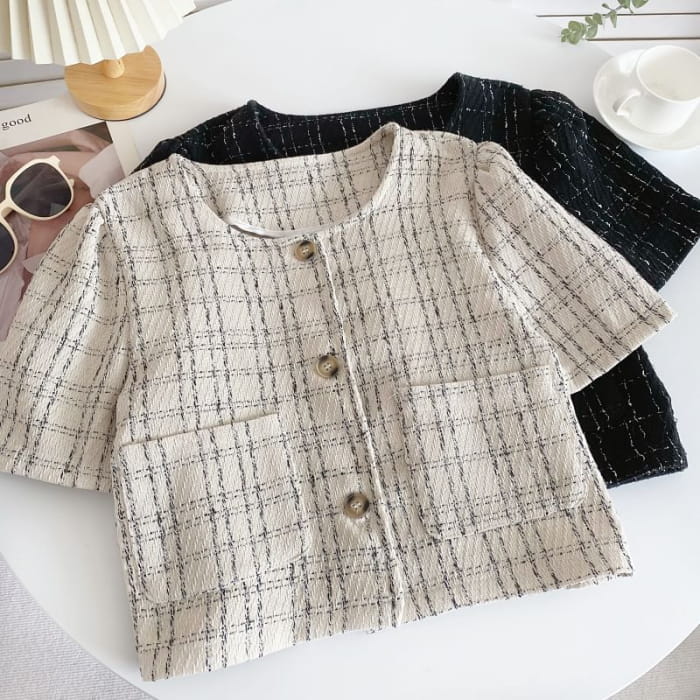 Short-Sleeve Plaid Pocket Detail Blouse