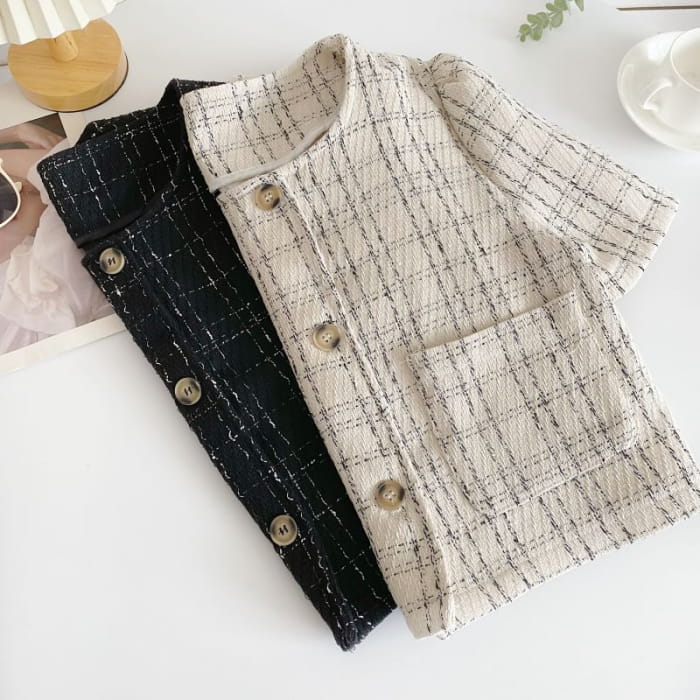 Short-Sleeve Plaid Pocket Detail Blouse