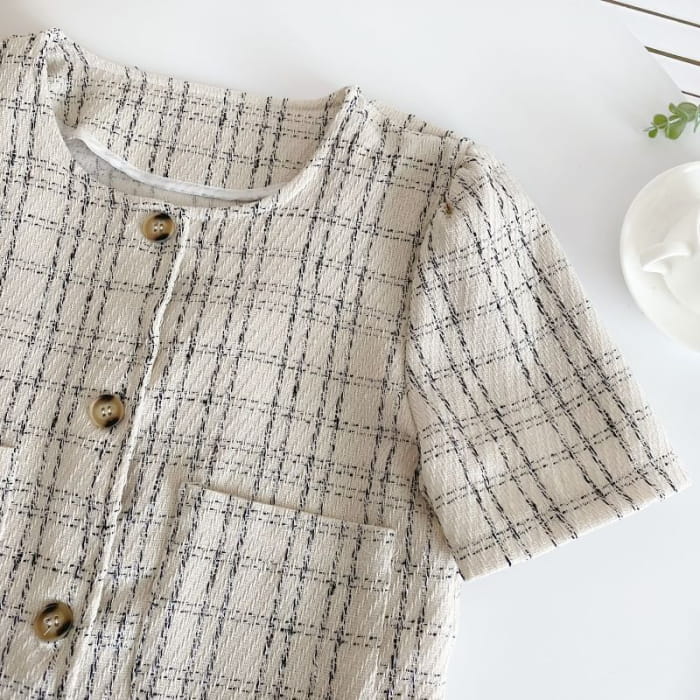 Short-Sleeve Plaid Pocket Detail Blouse