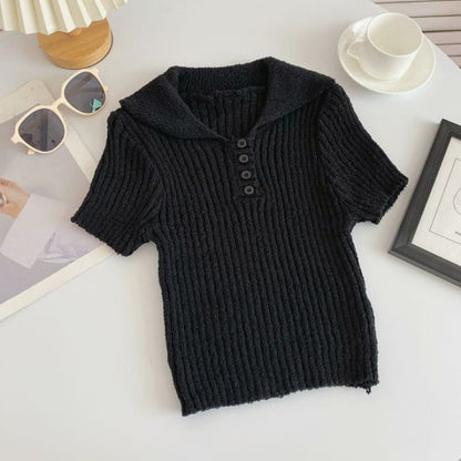 Short-Sleeve Plain Knit Polo Top - Black / One Size