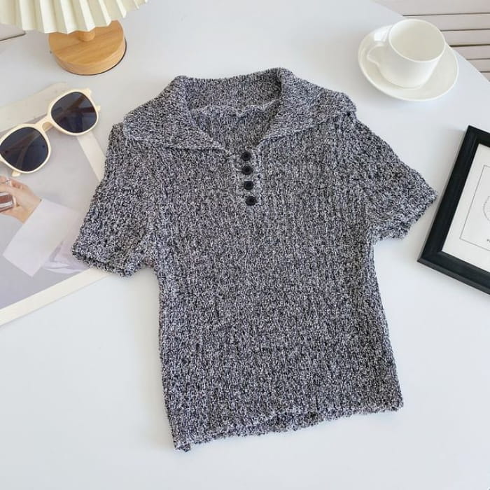 Short-Sleeve Plain Knit Polo Top - Dark Gray / One Size