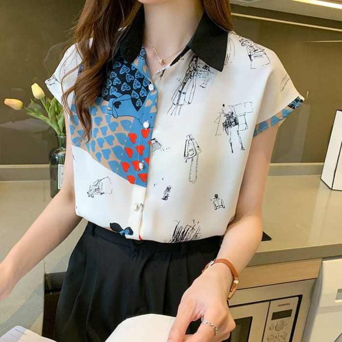 Short Sleeve Printed Chiffon Shirt