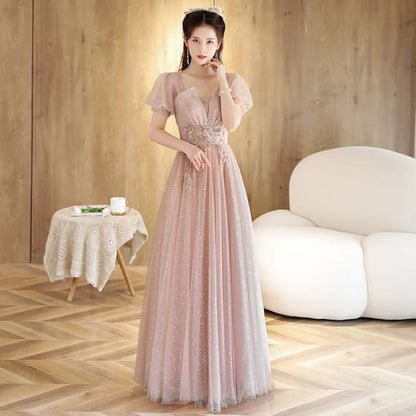 Short-Sleeve Rhinestone Mesh A-Line Evening Gown (Various