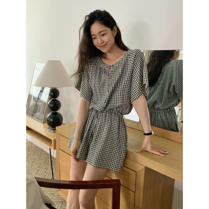 Short-Sleeve Round Neck Plaid Mock Two Piece Button Romper